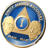 Ocean Breeze Blue Gold Plated AA Founders Medallion Chip Year 1 - 65 Bill W Dr Bob - RecoveryChip