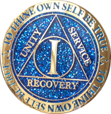 1 2 3 4 5 6 7 8 9 or 10 Year AA Medallion Reflex Glitter Blue Gold Plated Sobriety Chip - RecoveryChip