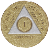 AA Medallion Golden Glitter Tri-Plate Sobriety Chip Year 1 - 40