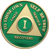 AA Medallion Green Gold Plated Year 1 - 65 Alcoholics Anonymous Chip - RecoveryChip