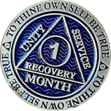 1 2 3 4 5 6 7 8 9 10 11 or 18 Month AA Medallion Antique Reflex Dusty Blue Sobriety Chip