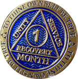 1 - 11 or 18 Month AA Medallion Reflex Dusty Blue Gold Plated Sobriety Chip Coin