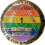 1 2 3 4 5 6 7 8 9 10 11 or 18 Month AA Medallion Reflex Rainbow Glitter Sobriety Chip