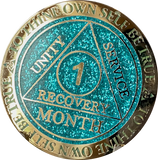 1 2 3 6 9 or 18 Month AA Medallion Reflex Aqua Glitter Gold Plated Sobriety Chip