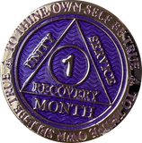 1 Month AA Medallion Reflex Purple Silver Plated Sobriety Chip Coin