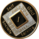 Offical NA Tri-Plate Black Silver & Gold Color Narcotics Anonymous Medallions 18 Month Year 1 - 50 - RecoveryChip