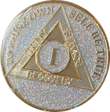 1 Year AA Medallion Silver Opal Glitter Tri-Plate Sobriety Chip
