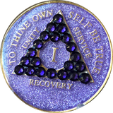 Crystal AA Medallion Purple Glitter Tri-Plate Sobriety Chip Year 1 - 50 - RecoveryChip