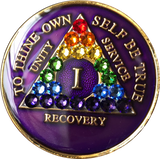 1 Year AA Medallion Purple Tri-Plate Rainbow Swarovski Crystal Sobriety Chip - RecoveryChip