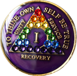 1 Year AA Medallion Purple Tri-Plate Rainbow Swarovski Crystal Sobriety Chip - RecoveryChip