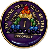 Crystal AA Medallion Purple Rainbow Tri-Plate Sobriety Chip Year 1 - 50 - RecoveryChip