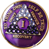 1 Year AA Medallion Purple Tri-Plate Transition Swarovski Crystal Sobriety Chip - RecoveryChip