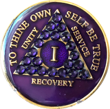 Crystallized AA Medallion Purple Velvet Tri-Plate Sobriety Chip Year 1 - 50 - RecoveryChip