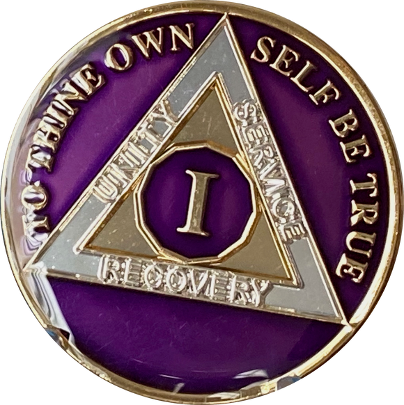 1 Year AA Medallion Metallic Purple Tri-Plate Sobriety Chip