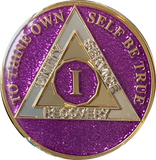 1 Year AA Medallion Violet Purple Glitter Tri-Plate Sobriety Chip