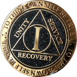 1 Year AA Medallion Reflex Milky Way Glitter Black Gold Plated Sobriety Chip - RecoveryChip