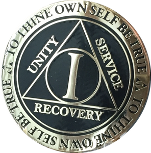 1 Year AA Medallion Reflex Black Gold Plated Alcoholics Anonymous RecoveryChip Design - RecoveryChip