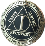 1 Year AA Medallion Reflex Black Gold Plated Alcoholics Anonymous RecoveryChip Design - RecoveryChip