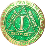 1 Year AA Medallion Reflex Glitter Green Gold Plated Sobriety Chip - RecoveryChip