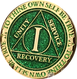 1 Year AA Medallion Reflex Glitter Green Gold Plated Sobriety Chip - RecoveryChip