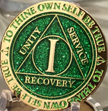 1 Year AA Medallion Reflex Glitter Green Gold Plated Sobriety Chip - RecoveryChip