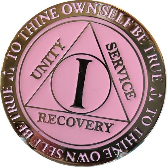 1 Year AA Medallion Reflex Glow In The Dark Gold Plated Pink Sobriety Chip - RecoveryChip