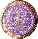 1 3 4 or 8 Year AA Medallion Reflex Glitter Lavender Purple Gold Plated Sobriety Chip - RecoveryChip