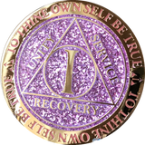 1 3 4 or 8 Year AA Medallion Reflex Glitter Lavender Purple Gold Plated Sobriety Chip - RecoveryChip