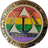 1 2 3 4 5 6 7 8 9 10 11 12 13 14 or 15 Year AA Medallion Reflex Rainbow Glitter Sobriety Chip