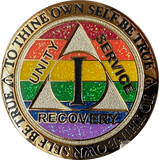 1 2 3 4 5 6 7 8 9 10 11 12 13 14 or 15 Year AA Medallion Reflex Rainbow Glitter Sobriety Chip