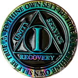 1 - 15 Year AA Medallion Reflex Rainbow Plated Black Sobriety Chip