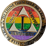 1 2 3 4 5 6 7 8 9 10 11 12 13 14 or 15 Year AA Medallion Reflex Rainbow Glitter Sobriety Chip
