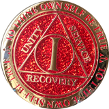1 Year AA Medallion Reflex Glitter Red Gold Plated Sobriety Chip - RecoveryChip
