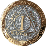1 2 3 4 or 5 Year AA Medallion Reflex Glitter Silver Gold Plated Sobriety Chip - RecoveryChip