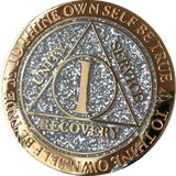 1 2 3 4 or 5 Year AA Medallion Reflex Glitter Silver Gold Plated Sobriety Chip - RecoveryChip