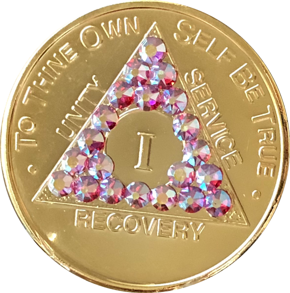Gold Plated AA Medallion Rose Swarovski Crystal Sobriety Chip Year 1 - 50 - RecoveryChip