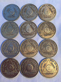 Set of 12 Monthly Bronze AA Alcoholics Anonymous Medallion Month 1 - 11 & 24hrs - RecoveryChip