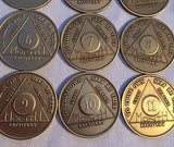 Set of 12 Monthly Bronze AA Alcoholics Anonymous Medallion Month 1 - 11 & 24hrs - RecoveryChip