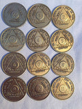 Set of 12 Monthly Bronze AA Alcoholics Anonymous Medallion Month 1 - 11 & 24hrs - RecoveryChip