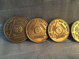 Lot of 6 Alcoholics Anonymous AA Bronze 24hrs 1 3 6 9 Month 1 Year Medallions - RecoveryChip