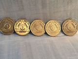 Lot of 5 Alcoholics Anonymous AA Bronze 1 2 3 6 9 Month Medallions Chips Coins - RecoveryChip