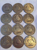 Set of 12 Monthly Bronze AA Alcoholics Anonymous Medallion Month 1 - 11 & 24hrs - RecoveryChip