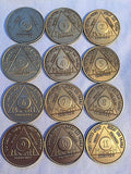 Set of 12 Monthly Bronze AA Alcoholics Anonymous Medallion Month 1 - 11 & 24hrs - RecoveryChip