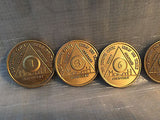 Lot of 4 Alcoholics Anonymous AA Bronze 1 3 6 9 Month Medallions Chips Coins - RecoveryChip