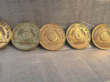Lot of 7 Alcoholics Anonymous AA Bronze 24hrs 1 2 3 6 9 Month 1 Year Medallions - RecoveryChip
