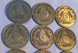 Set of 12 Monthly Bronze AA Alcoholics Anonymous Medallion Month 1 - 11 & 24hrs - RecoveryChip