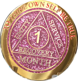 1 2 3 6 9 or 18 Month Reflex Pink Glitter AA Medallion Sobriety Chip - RecoveryChip