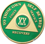 AA Medallion Green Gold Plated Year 1 - 65 Alcoholics Anonymous Chip - RecoveryChip