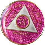 AA Medallion Pink Glitter Tri-Plate Sobriety Chip Year 1 - 45 - RecoveryChip