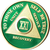 AA Medallion Green Gold Plated Year 1 - 65 Alcoholics Anonymous Chip - RecoveryChip